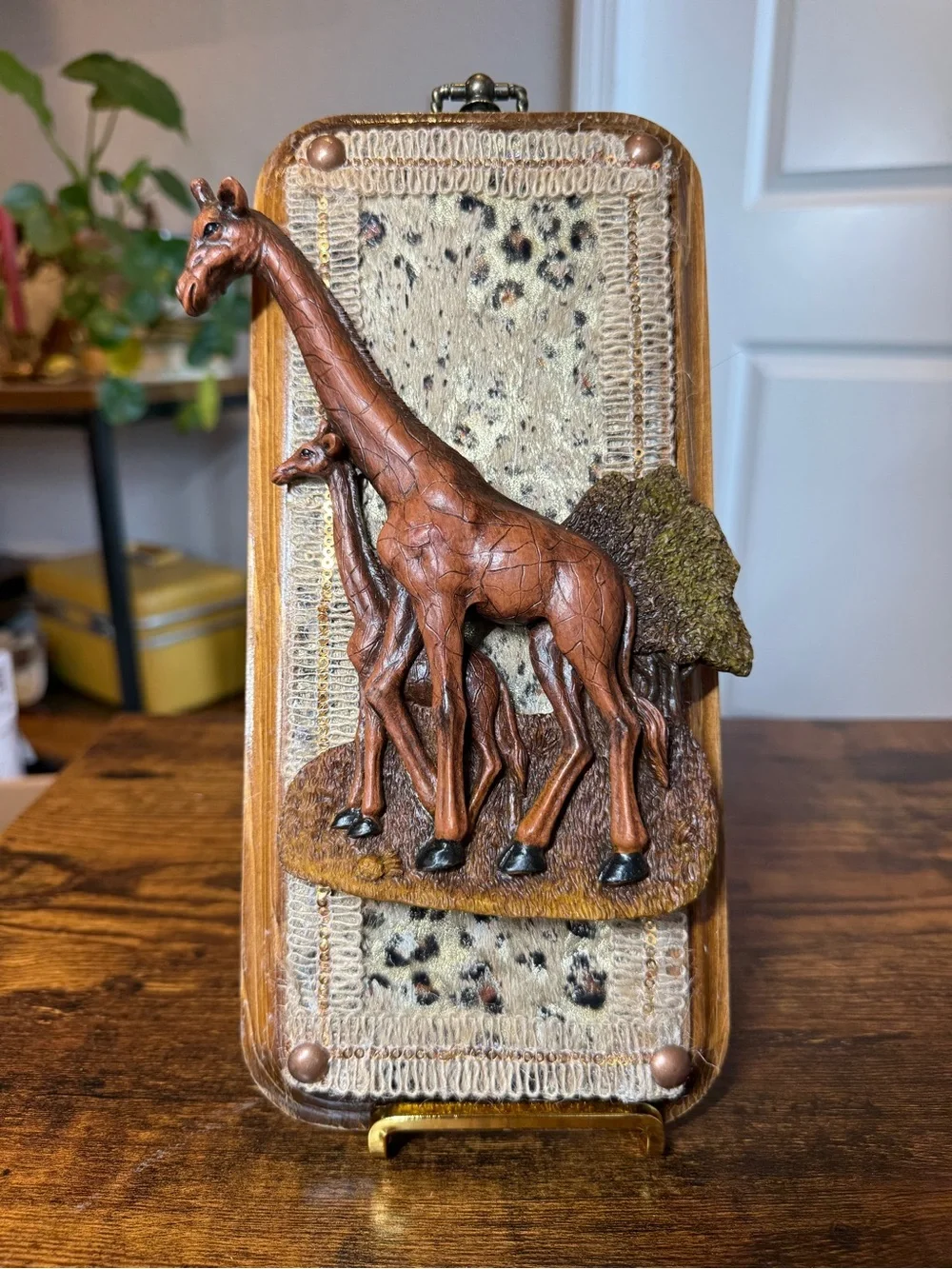 Vintage 3D Giraffe Wall Plaque Mixed Media Faux Wood Safari Decor Mother & Calf
